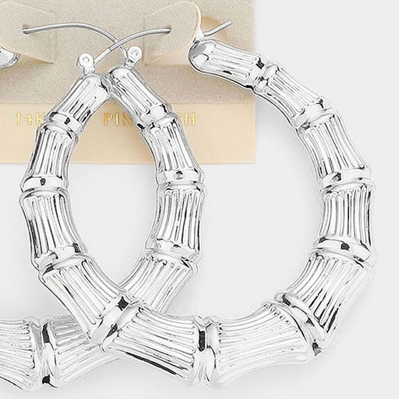 Silver 14 Karat White Gold Filled Metal Round Doorknocker Hoop Bamboo Earrings - Picture 2 of 2